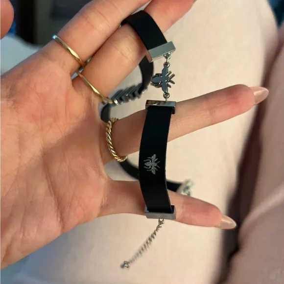 DIOR BEE CALFSKIN LEATHER BRACELET Double Wrap Dark Navy & Silver - Picture 4 of 7